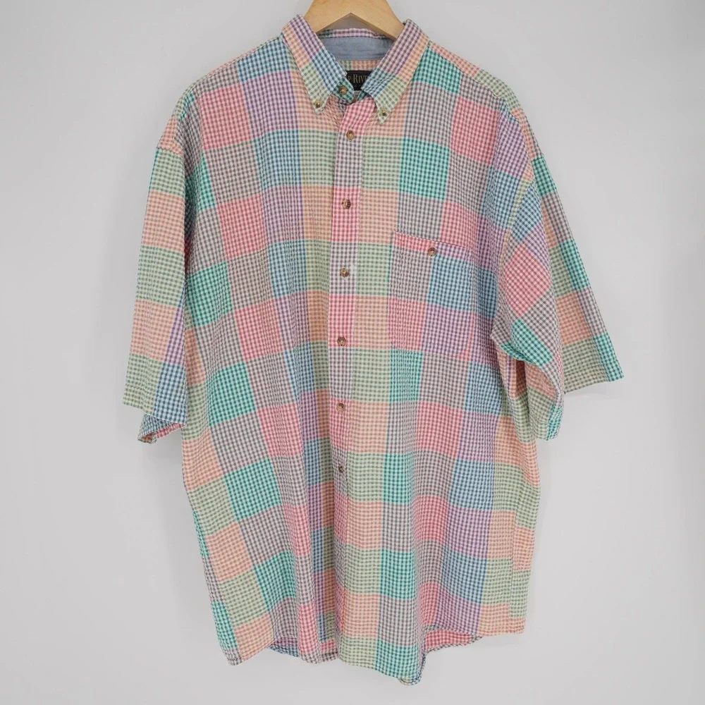 Deep River Trading Seersucker Shirt Mens XXL Pastel Plaid Button Up Cotton Prep - Picture 13 of 14